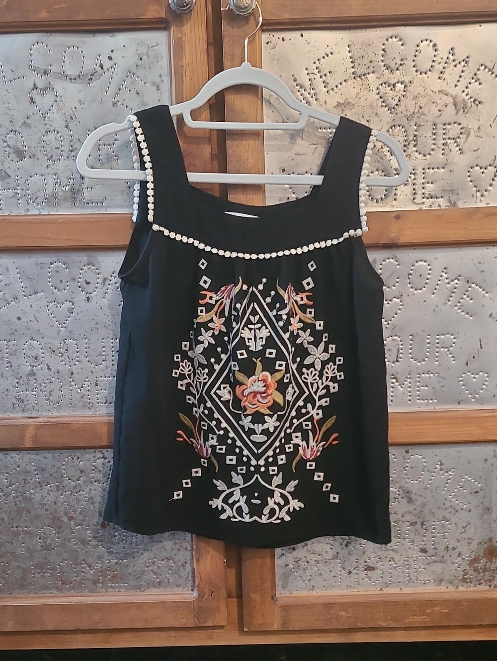 THML Black Embroidered Floral Tank with Beaded Trim